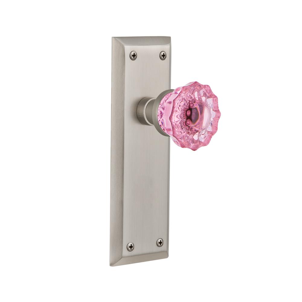 Nostalgic Warehouse NYKCRP Colored Crystal New York Plate Passage Crystal Pink Glass Door Knob in Satin Nickel